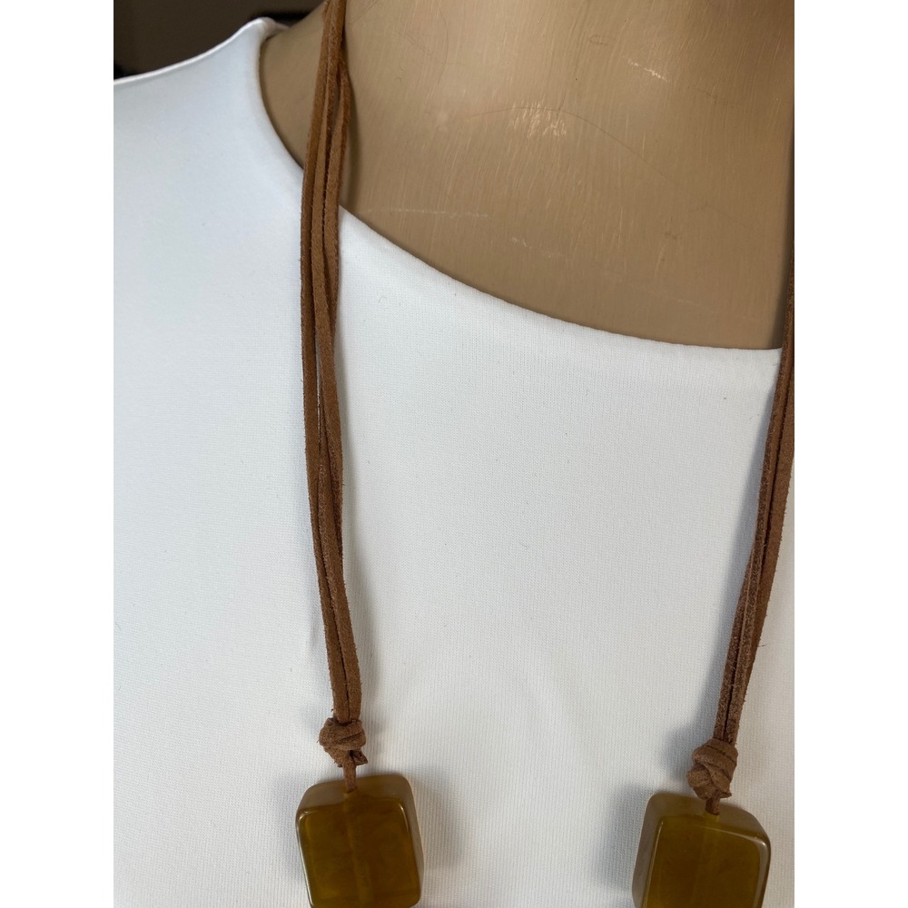 Chico's Long Amber Orange Resin Bead Necklace Gold Tone Faux Suede Cord - Picture 6 of 8